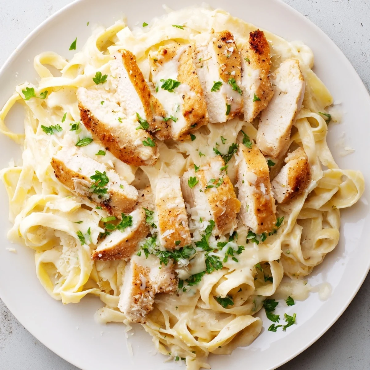 Creamy chicken Alfredo pasta with golden sliced chicken breast atop Parmesan-coated fettuccine in a white bowl