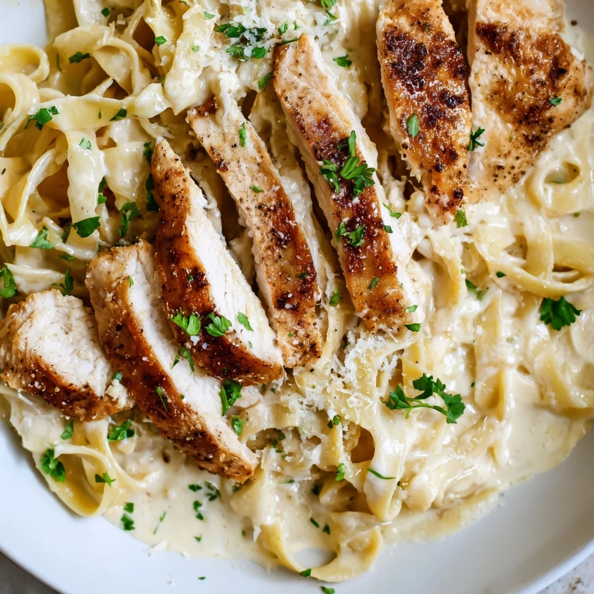 Homemade chicken Alfredo pasta featuring tender fettuccine tossed in rich garlic Parmesan sauce with chopped parsley garnish