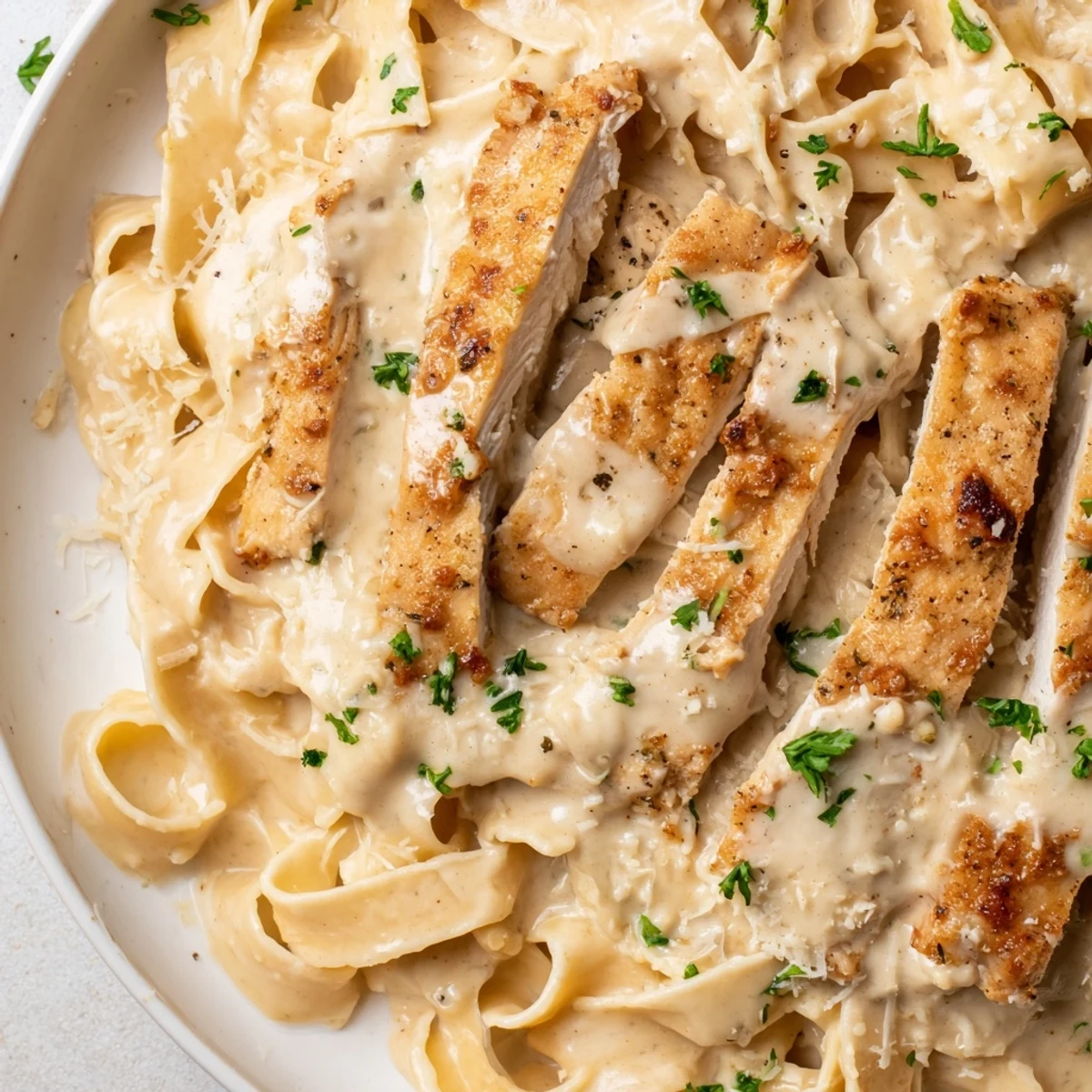Savory Italian-American chicken Alfredo pasta dish with sliced grilled chicken and creamy white sauce on a rustic wooden table