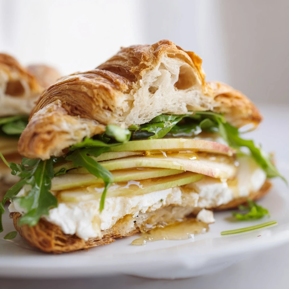 Golden flaky croissant sandwich layered with creamy goat cheese and crisp green apple slices