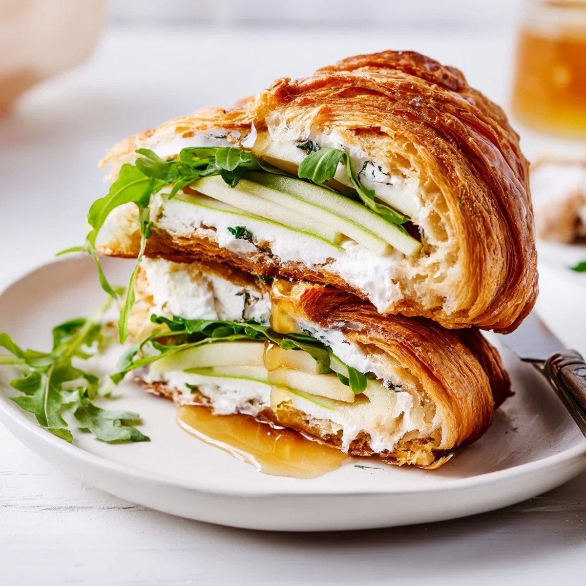 Gourmet breakfast sandwich featuring buttery croissant with tangy goat cheese and fresh arugula