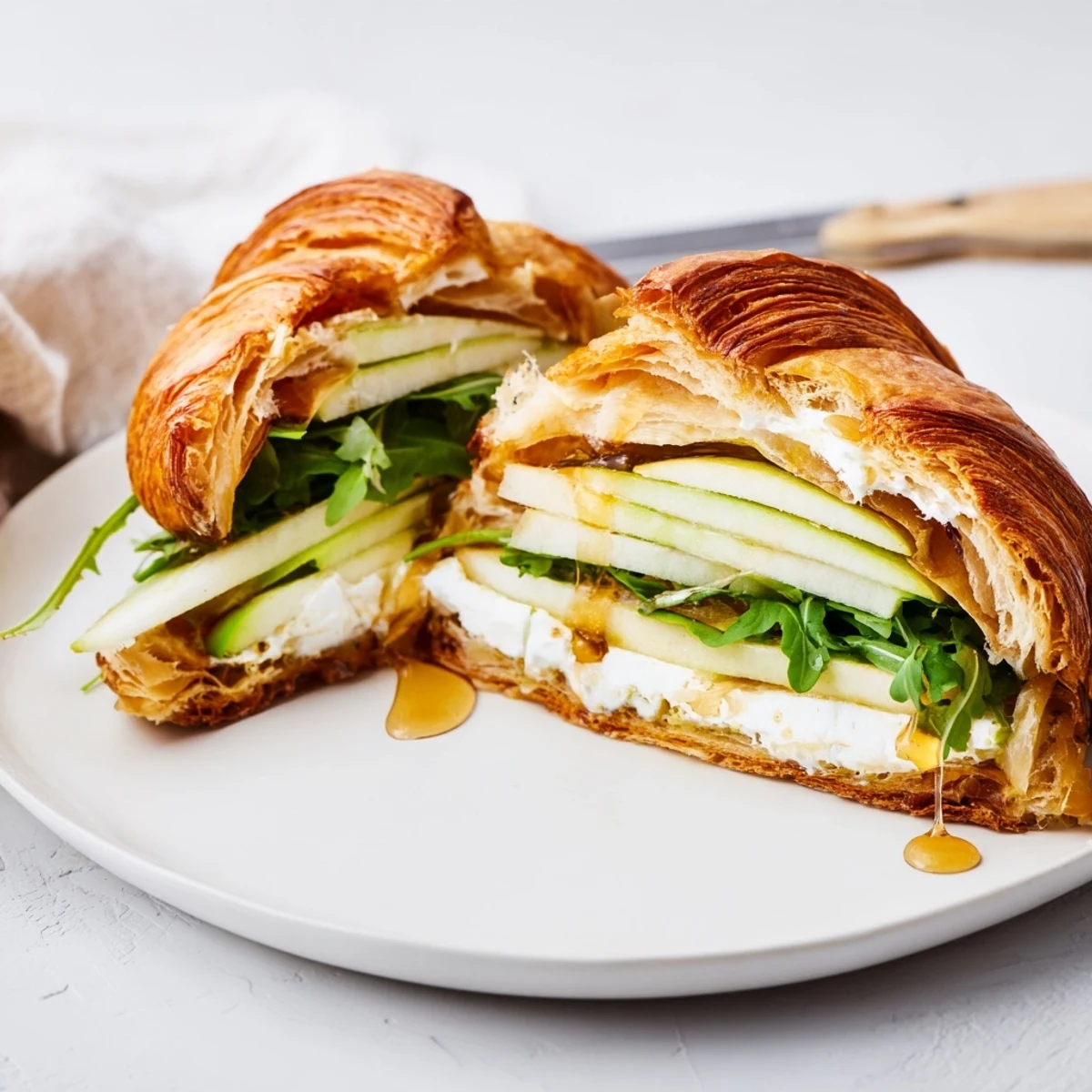 Open-faced French-inspired croissant piled high with softened goat cheese and thinly sliced honeycrisp apples