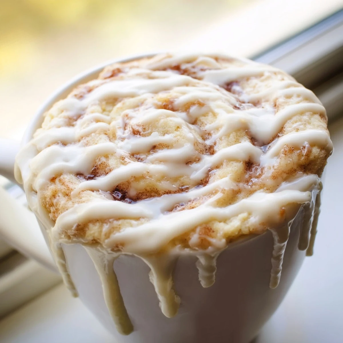 Warm high protein cottage cheese cinnamon roll mug cake with visible cinnamon swirl and sweet cream cheese glaze drizzle.