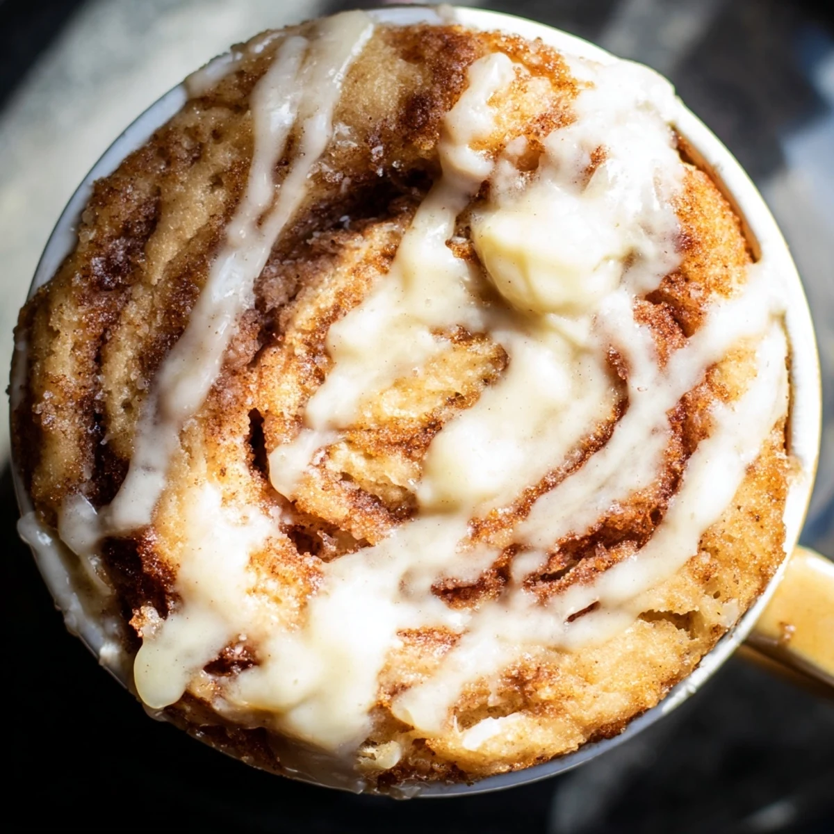 Soft cinnamon-swirled cottage cheese cinnamon roll mug cake topped with creamy vanilla icing in a white ceramic mug.