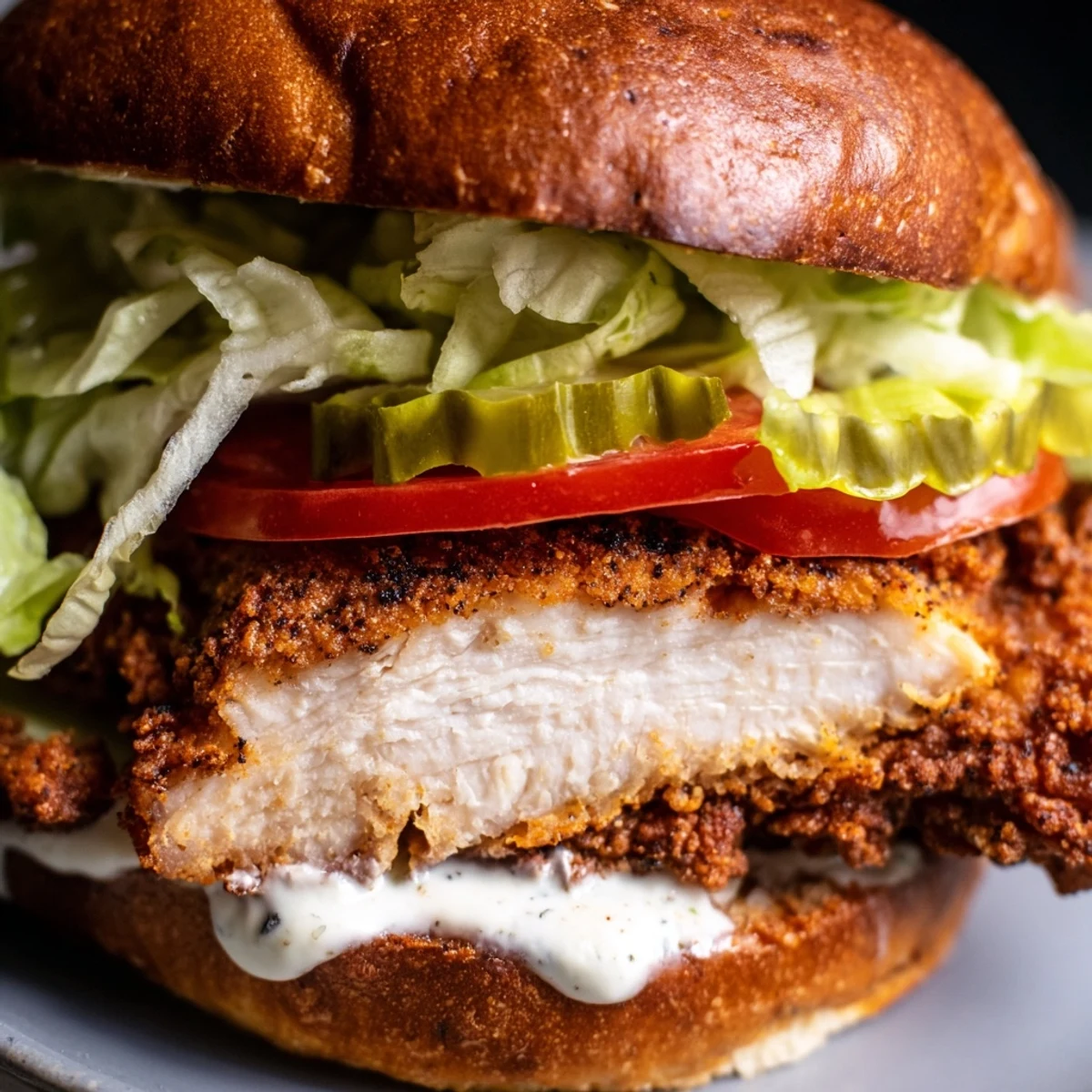 Golden fried Cajun crispy chicken sandwich layered with crisp lettuce and ripe tomato slices