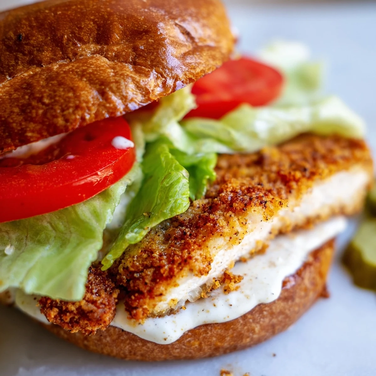 Toasted bun holds spicy Cajun chicken breast topped with creamy homemade garlic aioli