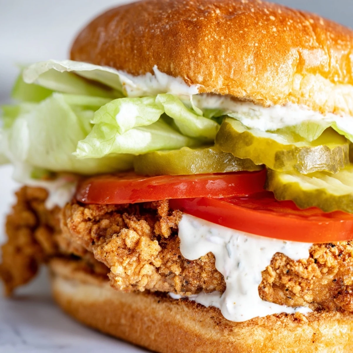 Crispy fried chicken sandwich with garlic aioli, pickles, and fresh garden vegetables