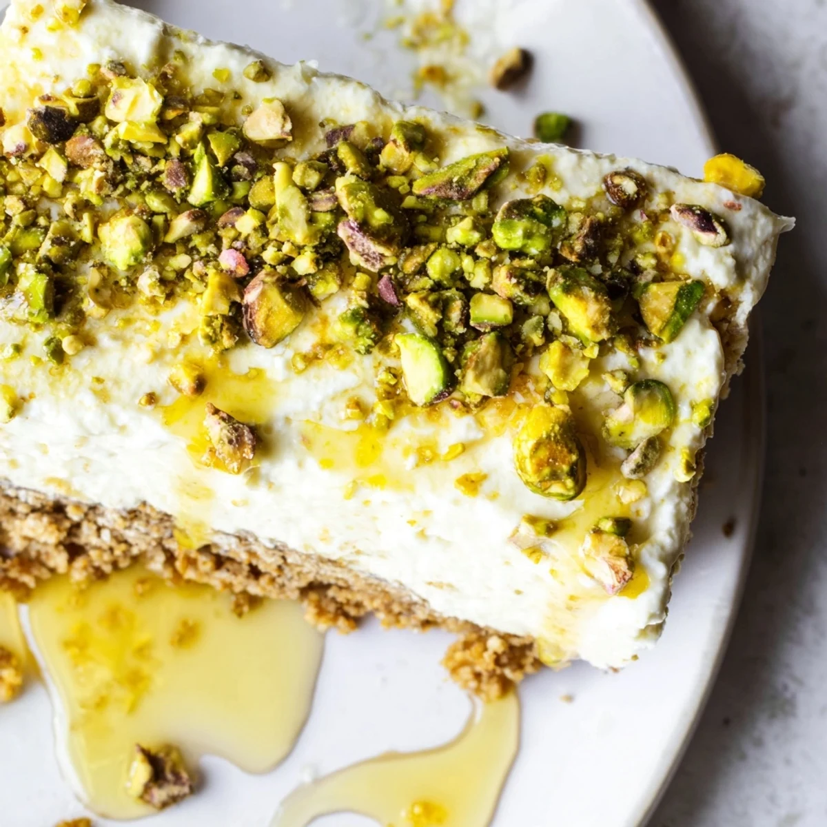 Golden Greek honey pistachio cheesecake bars with creamy vanilla filling and crunchy nut topping
