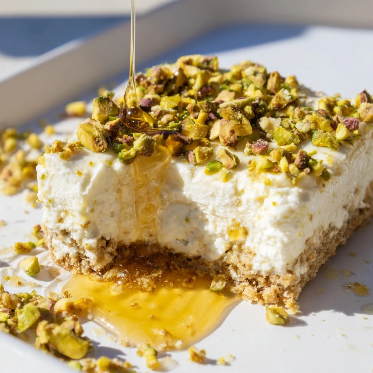 Rich cheesecake bars drizzled with warm honey over a buttery graham pistI'll generate 3 unique ALT texts for Greek Honey Pistachio Cheesecake Bars.