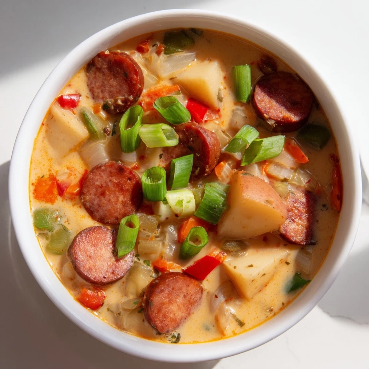 Creamy spicy Cajun potato soup with Andouille sausage in a white bowl topped with green onions