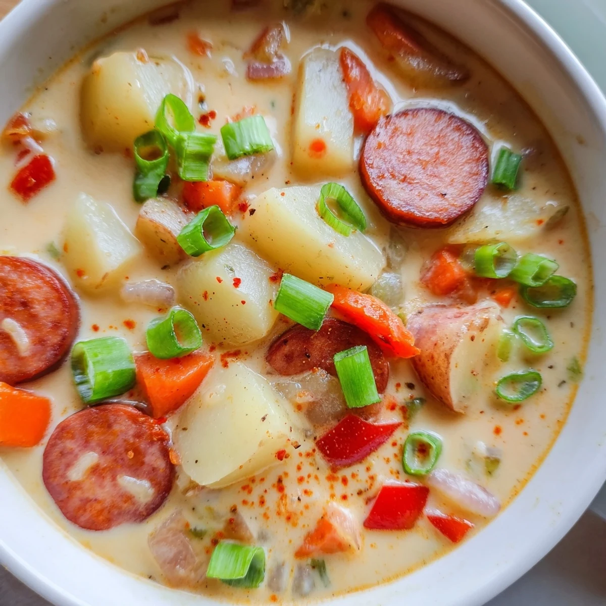 Steaming bowl of hearty spicy Cajun potato soup garnished with fresh green onions and diced vegetables