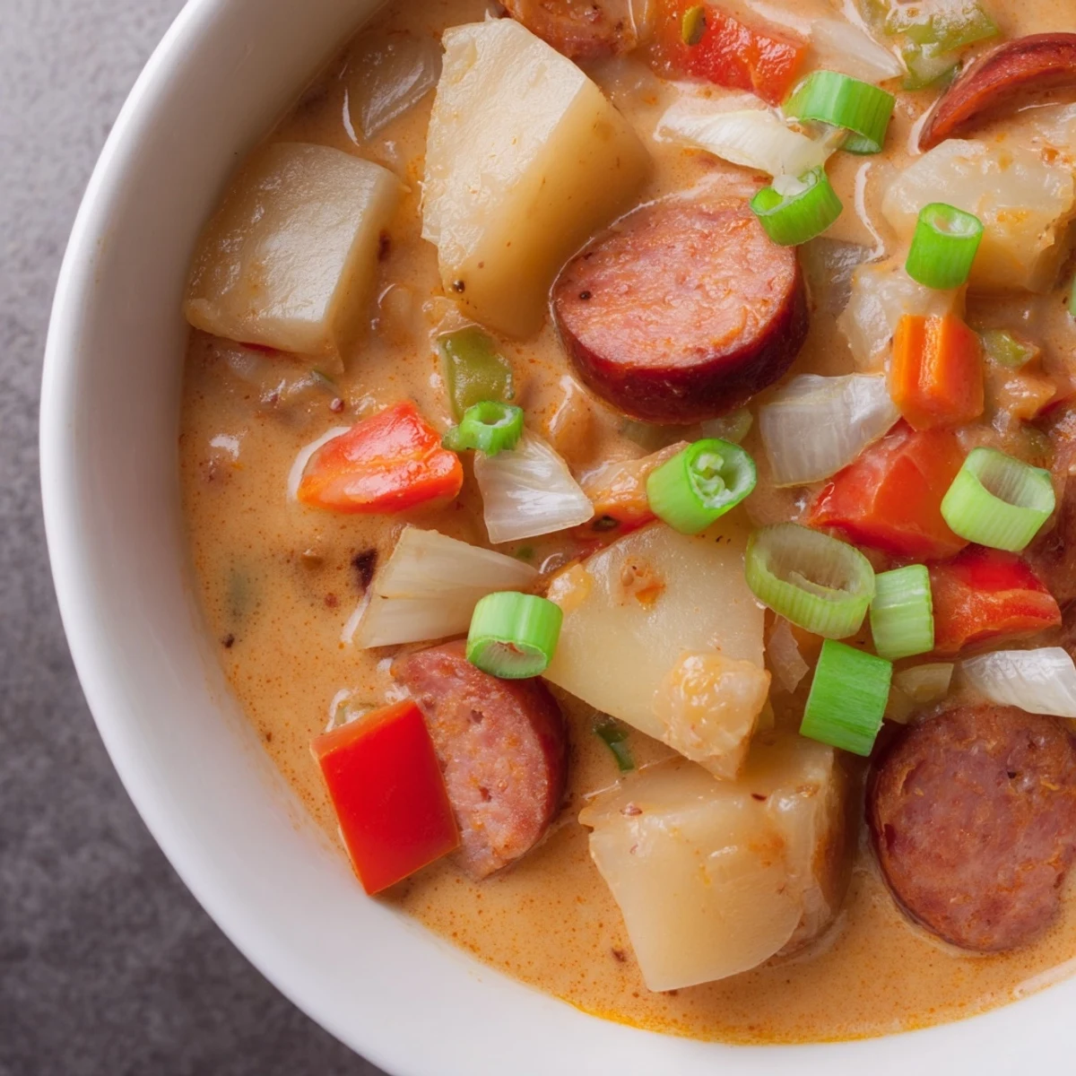 Rustic pot of spicy Cajun potato soup filled with tender potatoes vegetables and smoky sausage slices