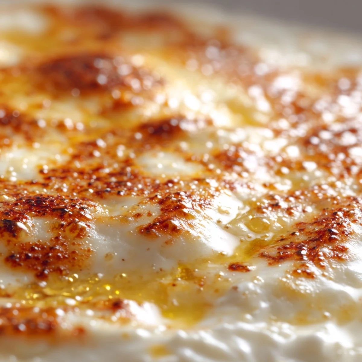 Creamy white pizza dip topped with melted mozzarella served with crispy baguette slices for dipping