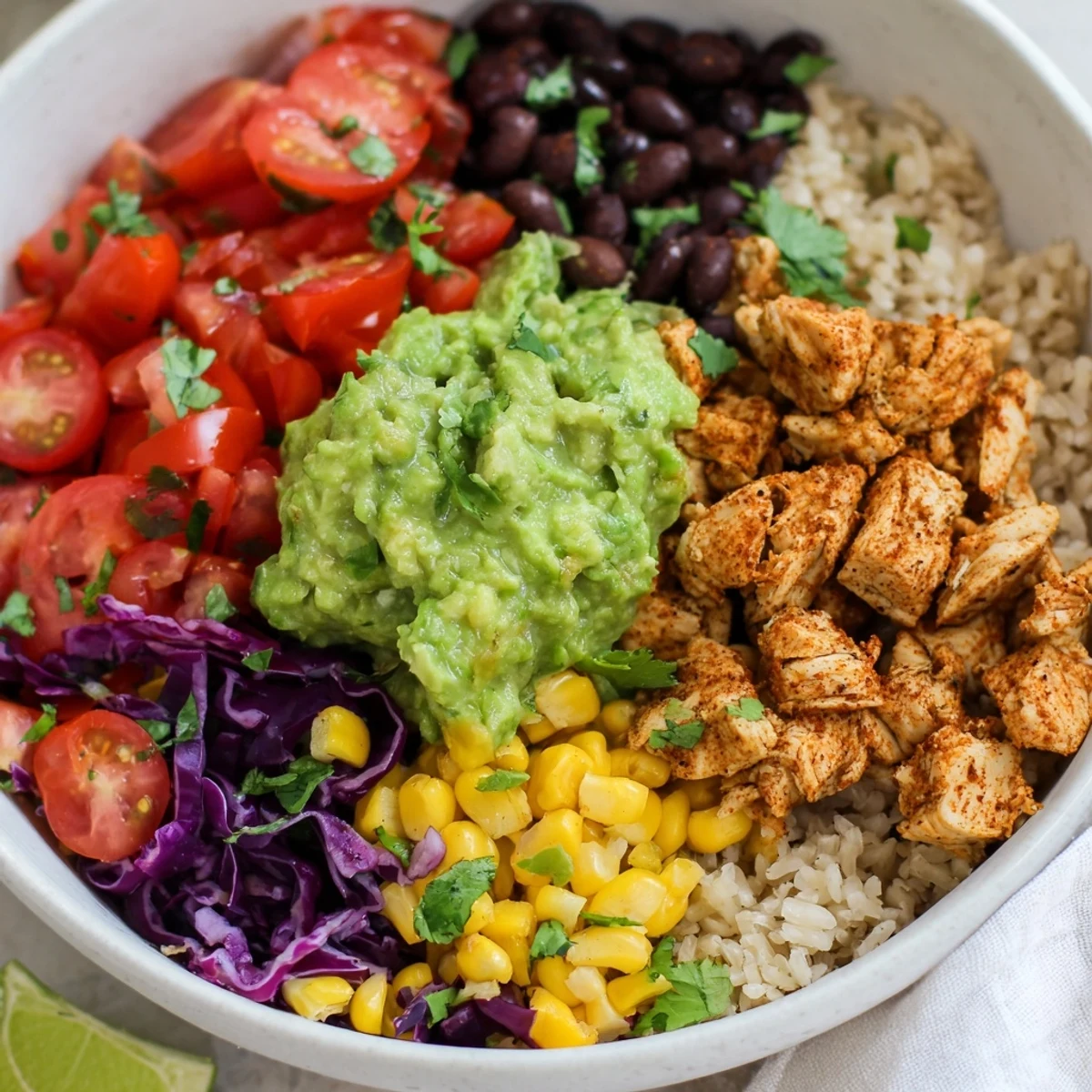 Colorful pulled chicken guacamole bowl topped with fresh vegetables and shredded red cabbage