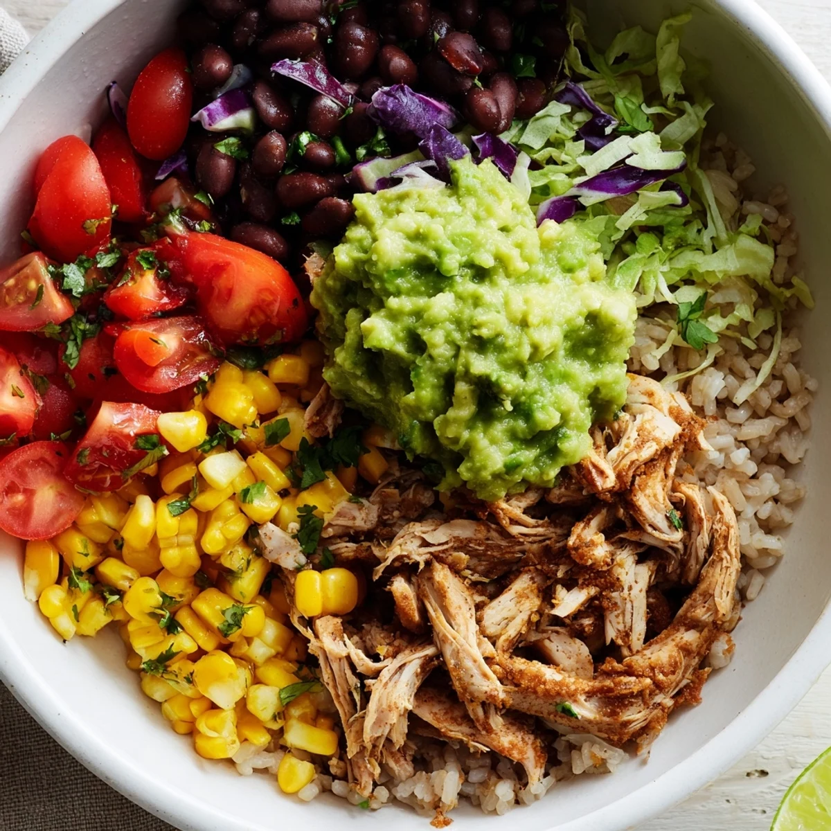 Rustic Tex-Mex bowl featuring tender spiced pulled chicken over rice with creamy homemade guacamole