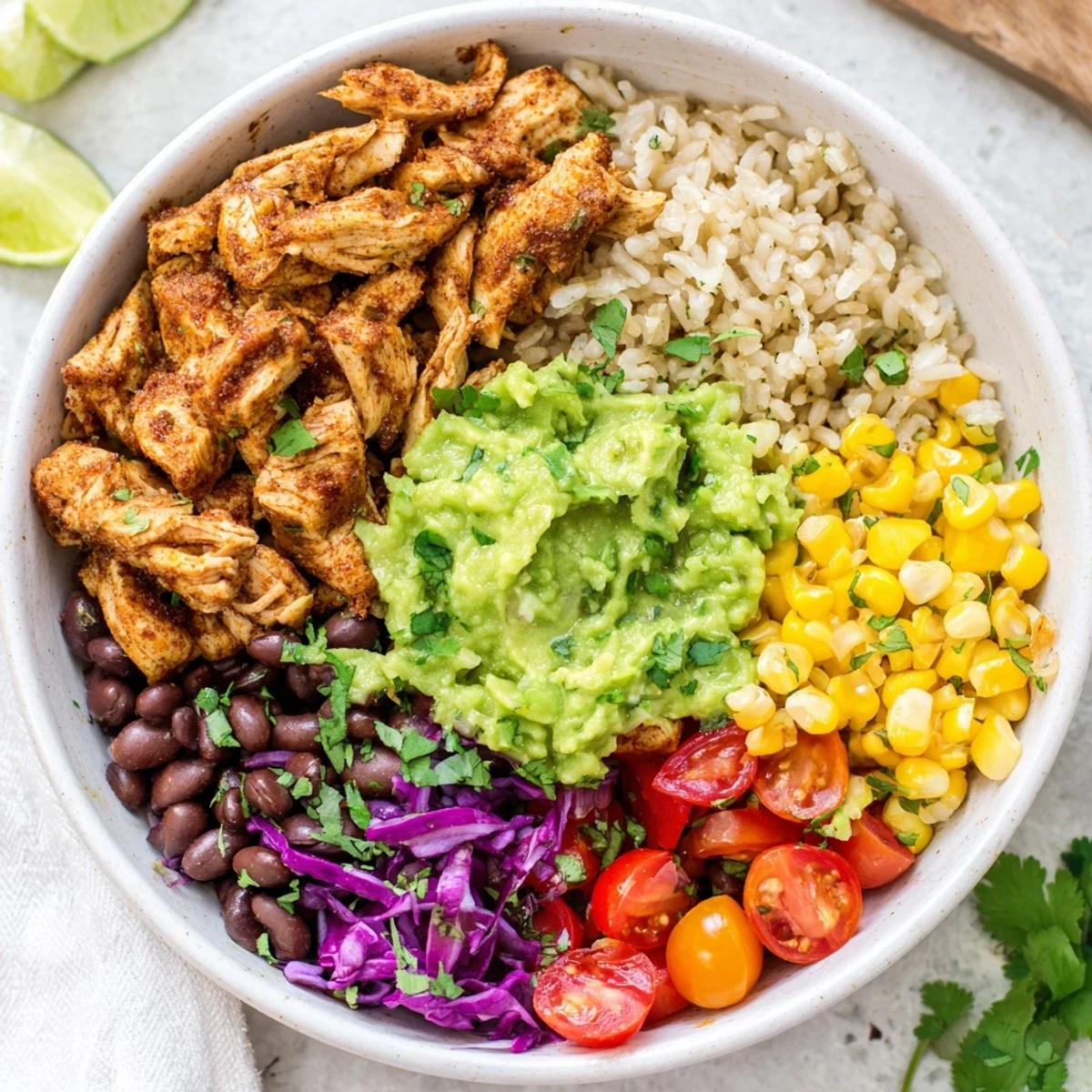 Hearty gluten-free meal bowl with juicy chicken, black beans, corn, and vibrant guacamole