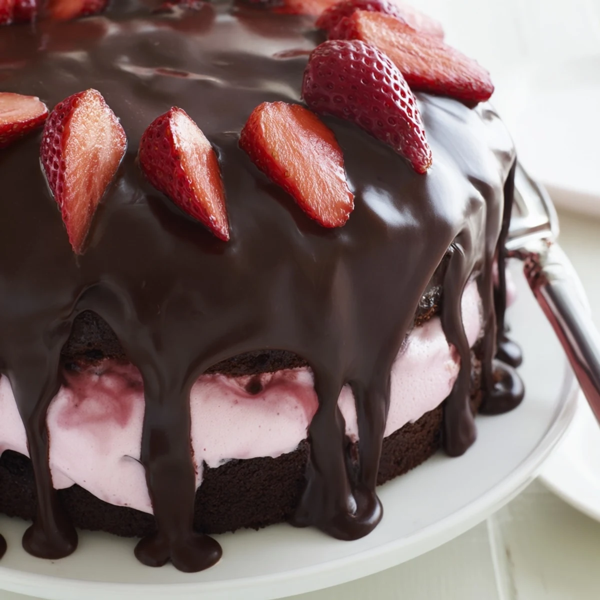 Slice of chocolate covered strawberry ice cream cake with glossy chocolate shell and fresh berry topping