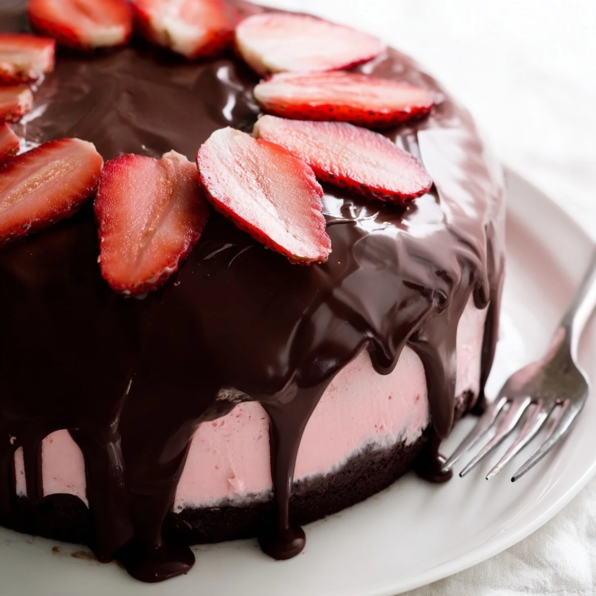 Homemade chocolate covered strawberry ice cream cake showing layered chocolate cake base with creamy pink strawberry ice cream