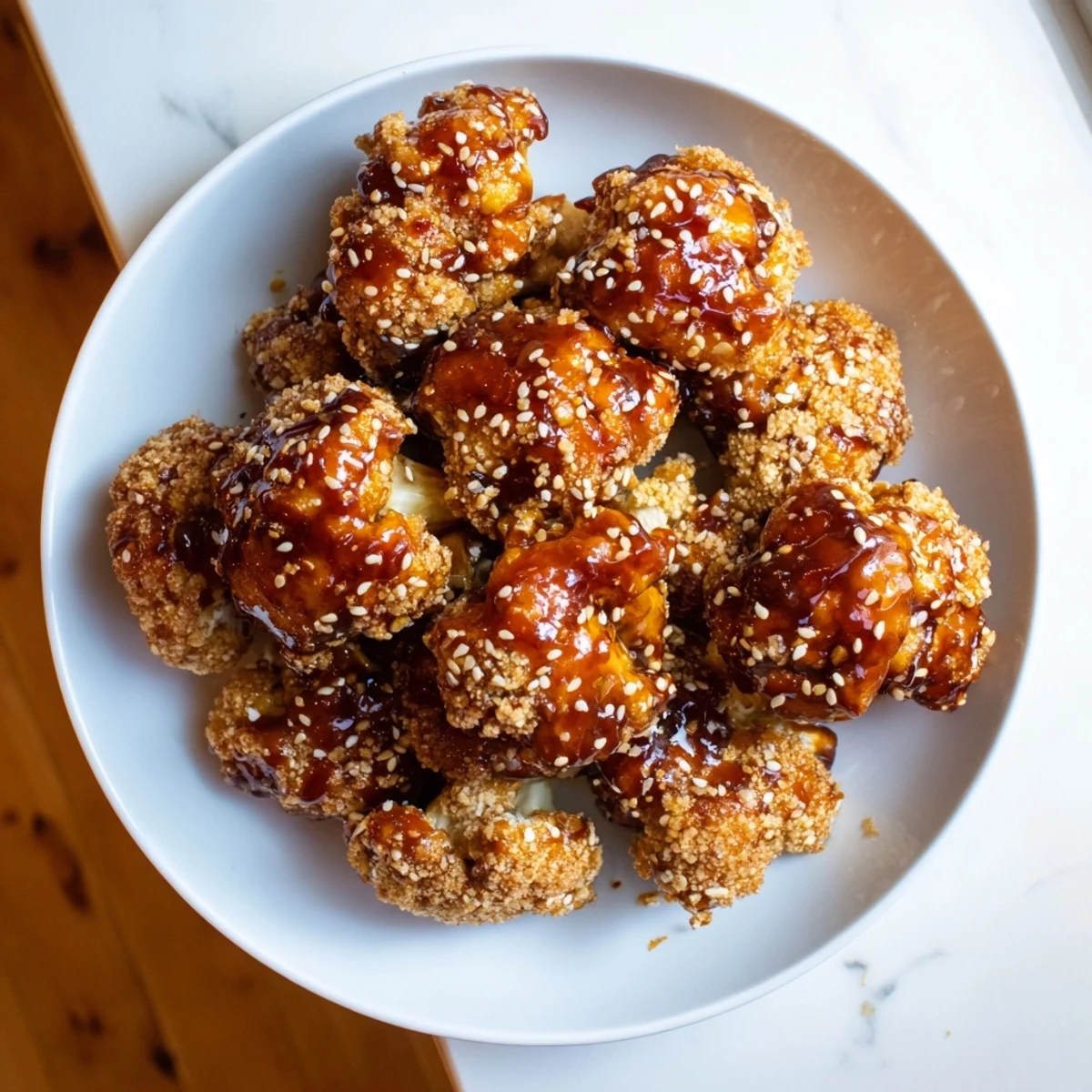 Golden crispy General Tsos cauliflower florets glazed in tangy sweet sauce over fluffy white rice with fresh vegetables