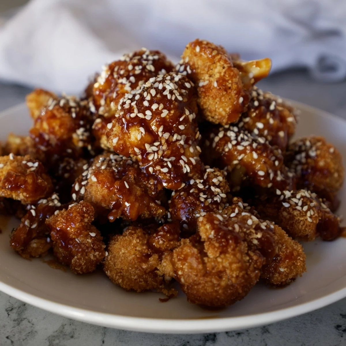Vegan General Tsos cauliflower bowl featuring panko-crusted roasted florets tossed in spicy Asian sauce with snow peas and carrots