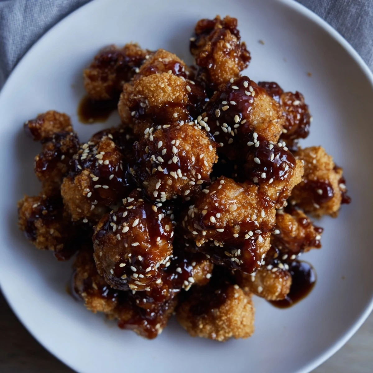 Crispy baked cauliflower coated in General Tsos sauce served in a colorful rice bowl with sesame seeds and green onions