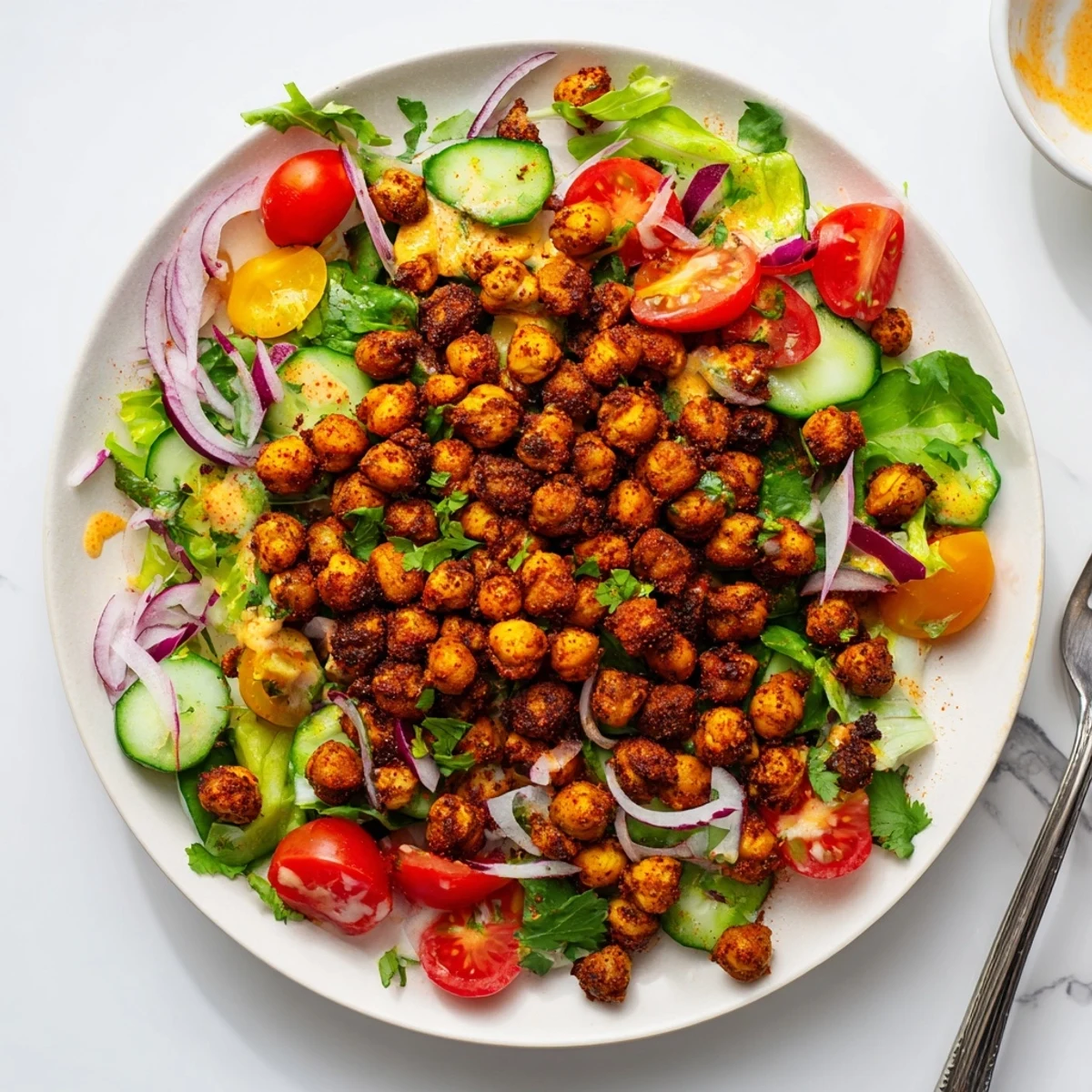 Golden roasted chickpeas spiced with chili powder and lime zest atop mixed greens with cherry tomatoes
