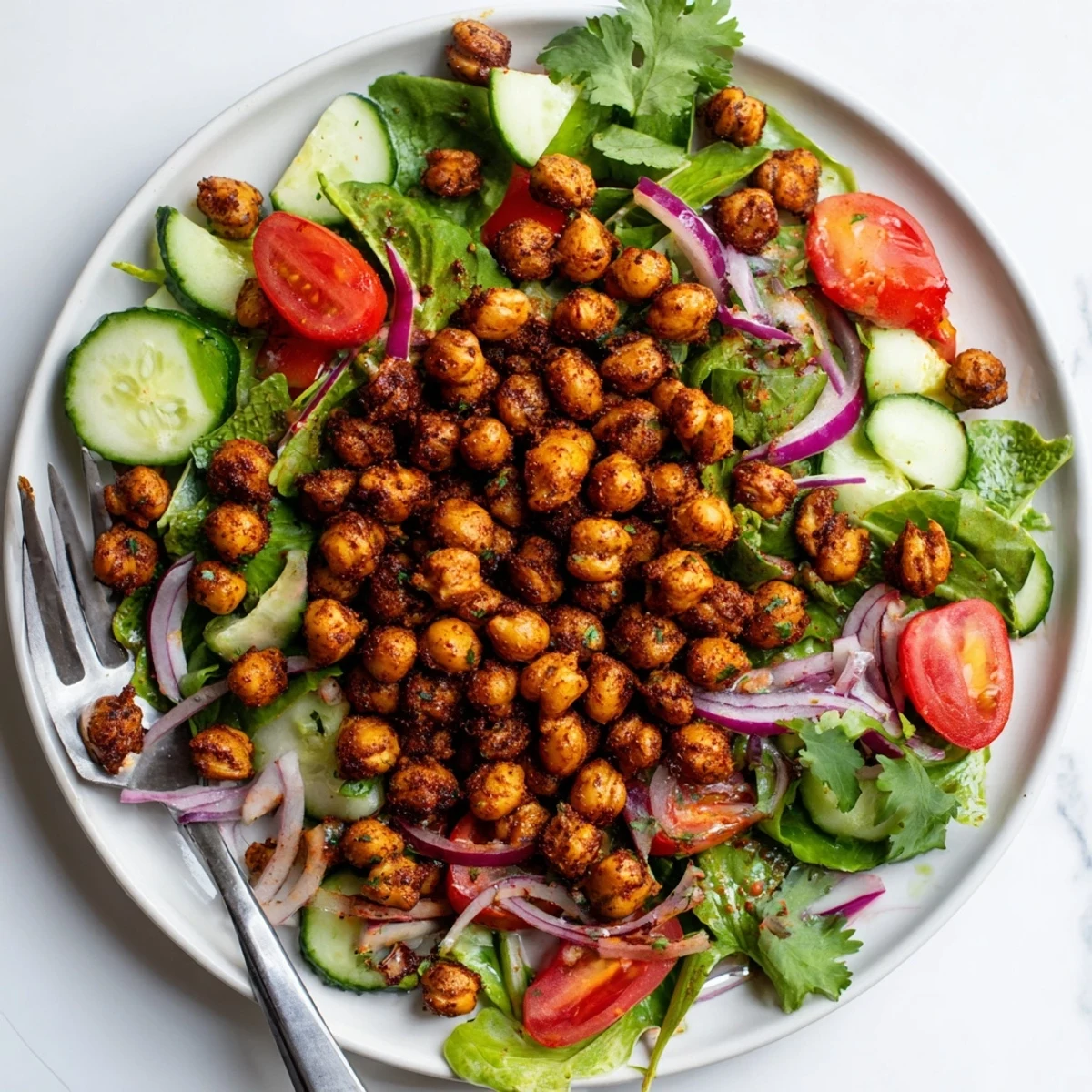 Bowl of crisp chickpea salad featuring cucumber bell pepper cilantro and zesty chili lime seasoning
