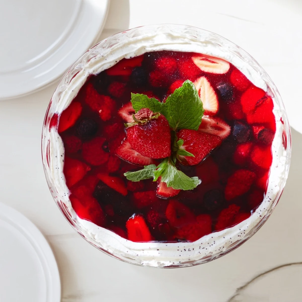 Layered vanilla mousse berry jello dessert with fresh berry garnish in glass
