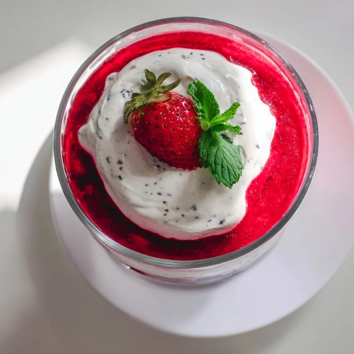 Creamy vanilla mousse topping vibrant berry jello layers in clear serving glasses