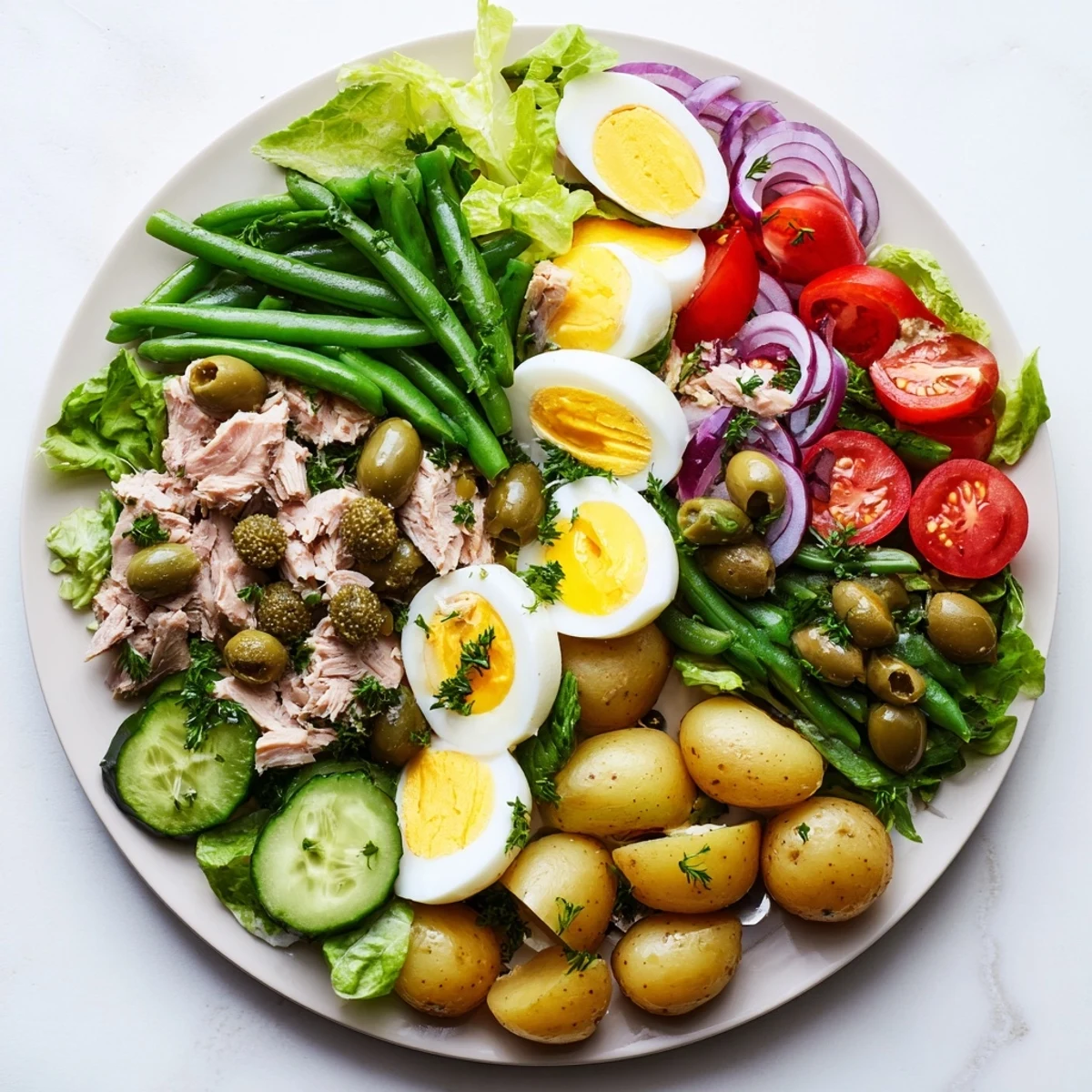 Traditional French Classic Niçoise Salad arranged on a platter with tender potatoes and green beans