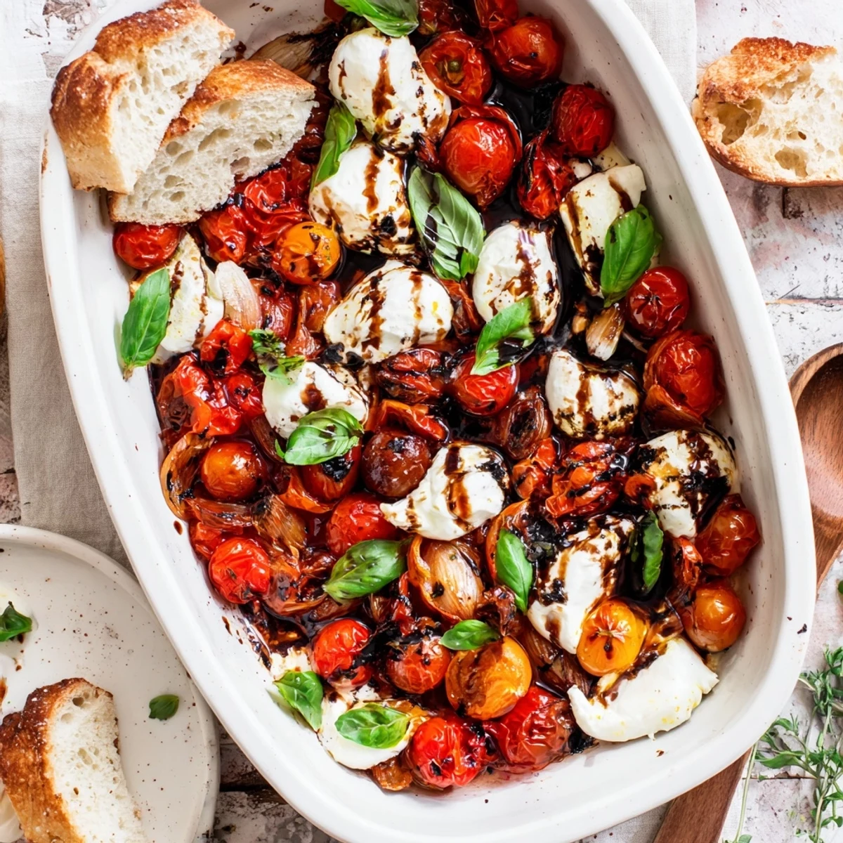 Golden roasted tomato burrata dip with creamy melted cheese center and fresh basil garnish