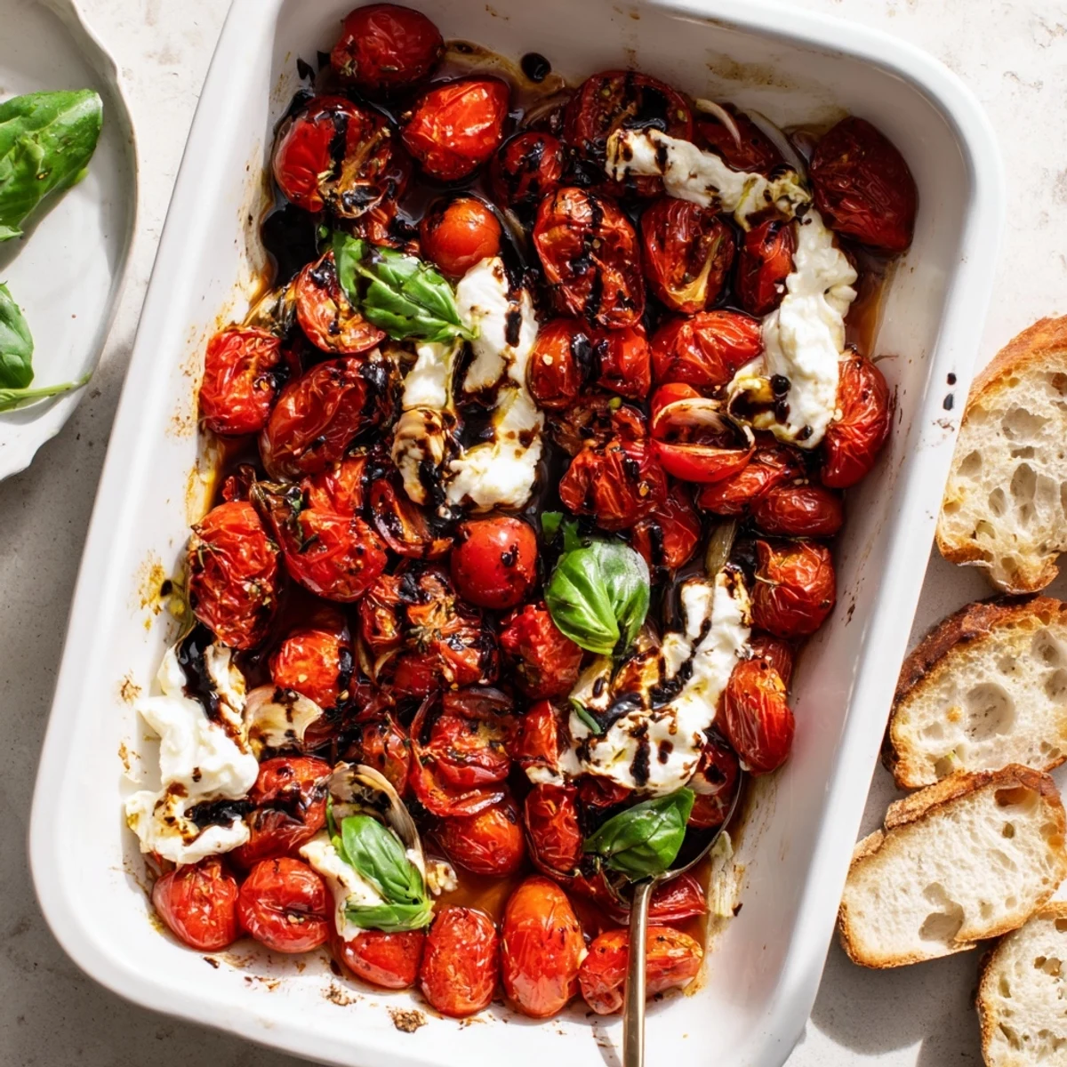 Warm Italian appetizer featuring blistered cherry tomatoes topped with torn burrata and balsamic glaze