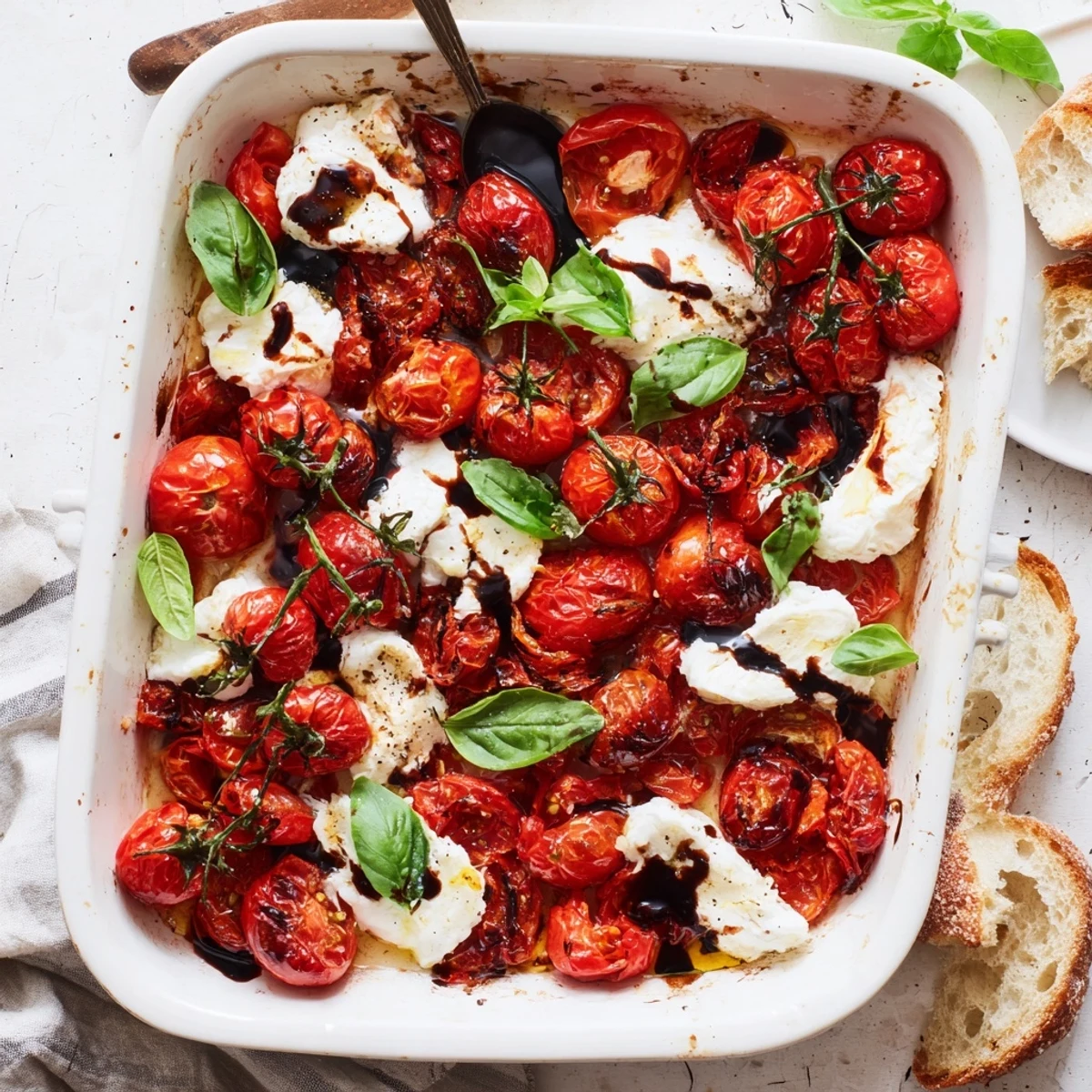 Creamy burrata cheese nestled over sweet roasted tomatoes served with crusty artisan bread slices