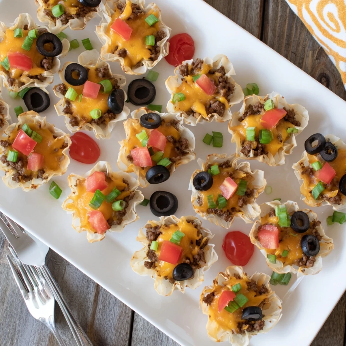 Tex-Mex appetizer featuring taco seasoned ground beef in crunchy shells garnished with colorful diced tomatoes