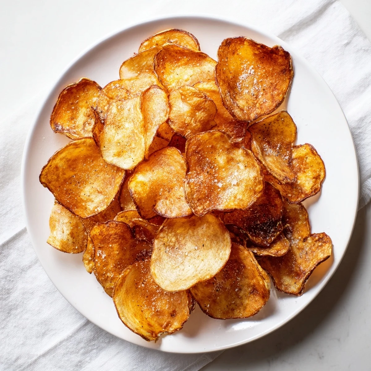 Golden brown homemade potato chips piled high with a dusting of sea salt