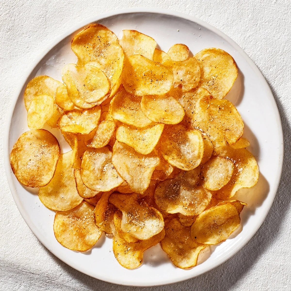 Crispy fried potato chips arranged on a white serving plate, perfectly golden and crunchy