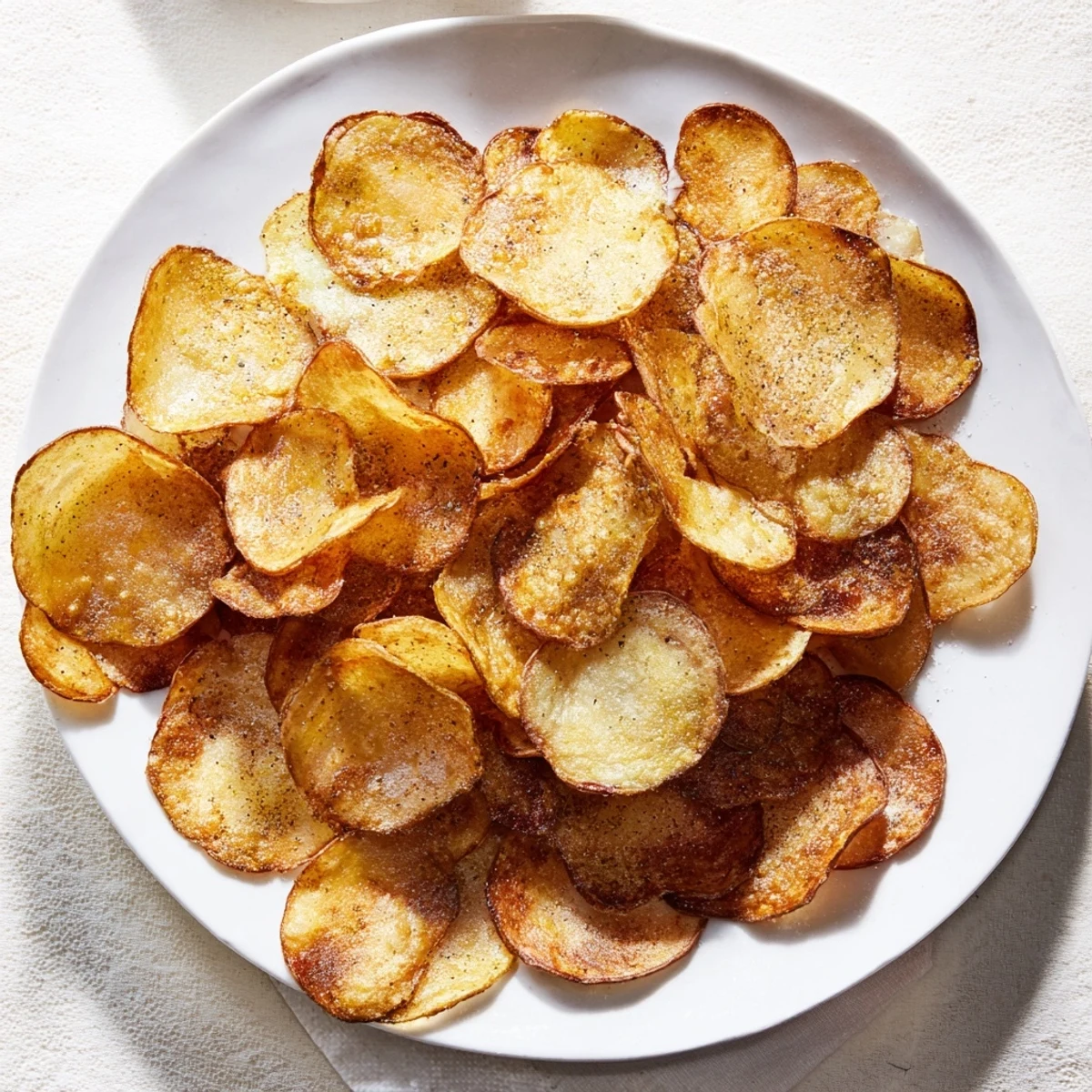 Freshly made potato chips glistening with oil, sprinkled with salt and black pepper
