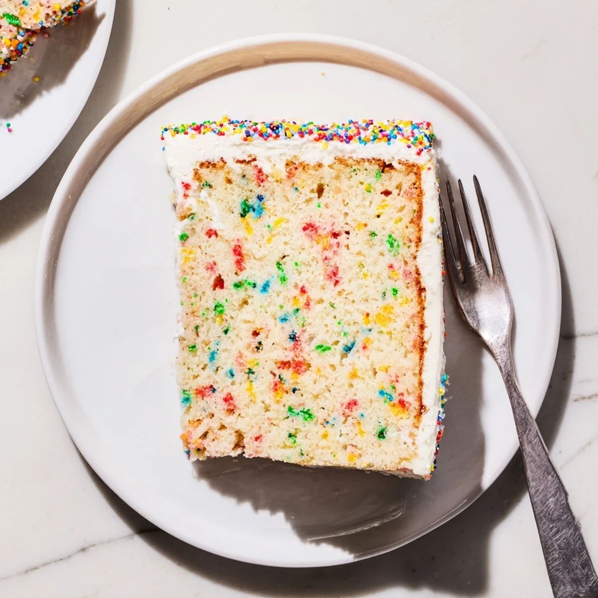 Festive big batch confetti cake with rainbow sprinkles baked into fluffy vanilla layers and smothered in creamy white buttercream frosting for celebrations