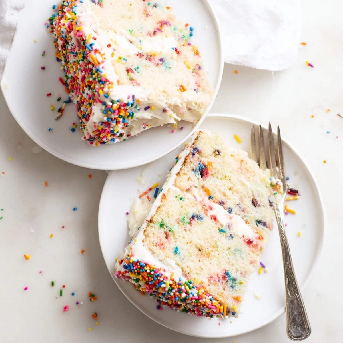 Sliced square of big batch confetti cake showcasing colorful sprinkles throughout the tender yellow crumb beneath a thick swirl of rich buttercream