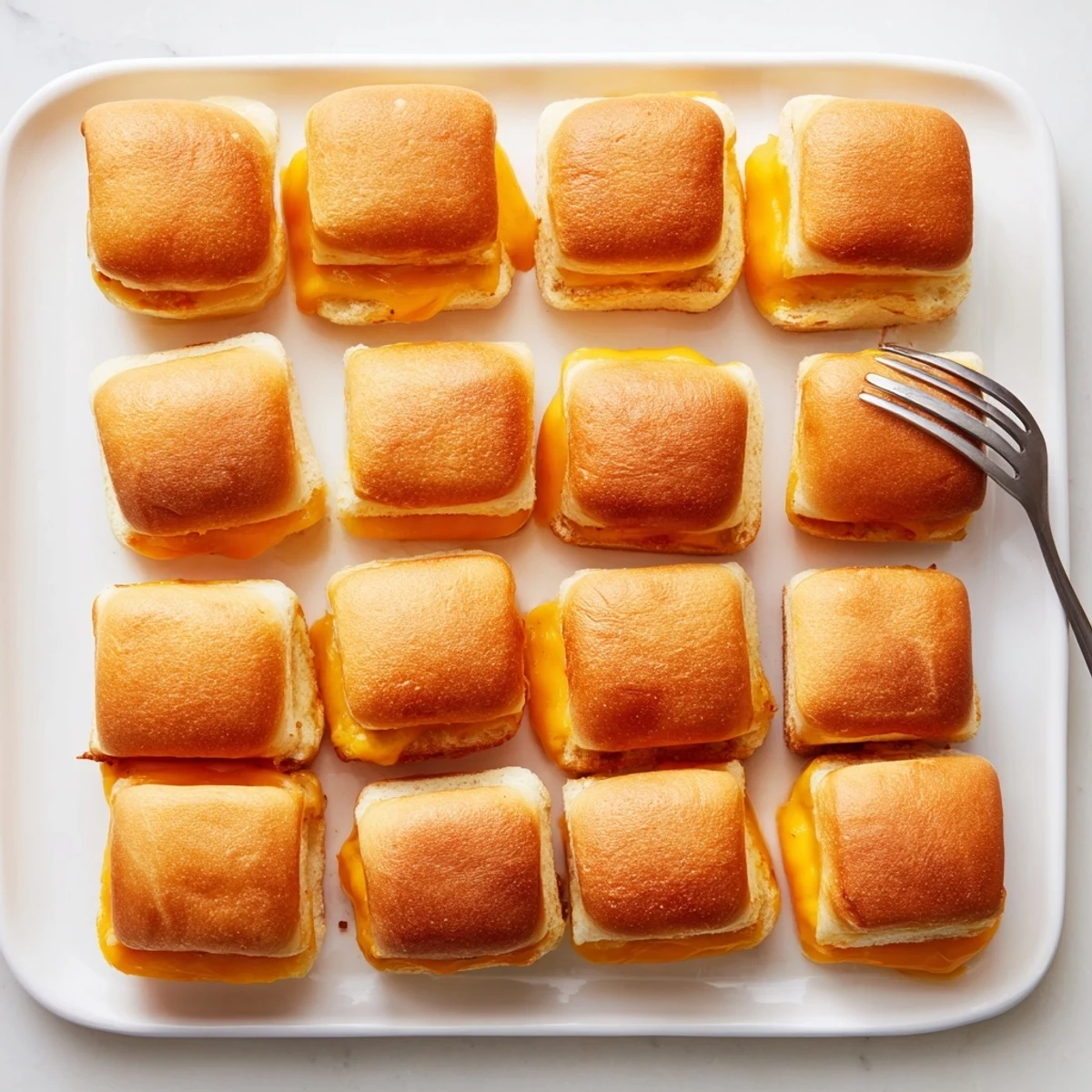 Golden brown mini grilled cheese Hawaiian rolls with melted cheddar on a baking sheet