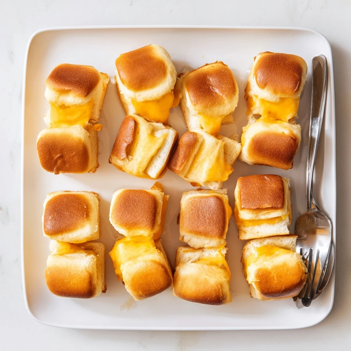 Bite-sized Hawaiian sweet roll sliders stuffed with gooey cheese and brushed with butter