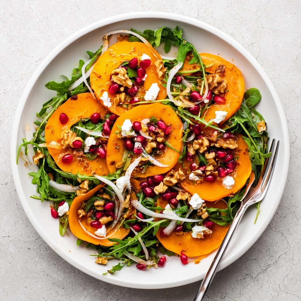 Fresh persimmon salad with apple cider vinaigrette topped with goat cheese and walnuts on a white plate