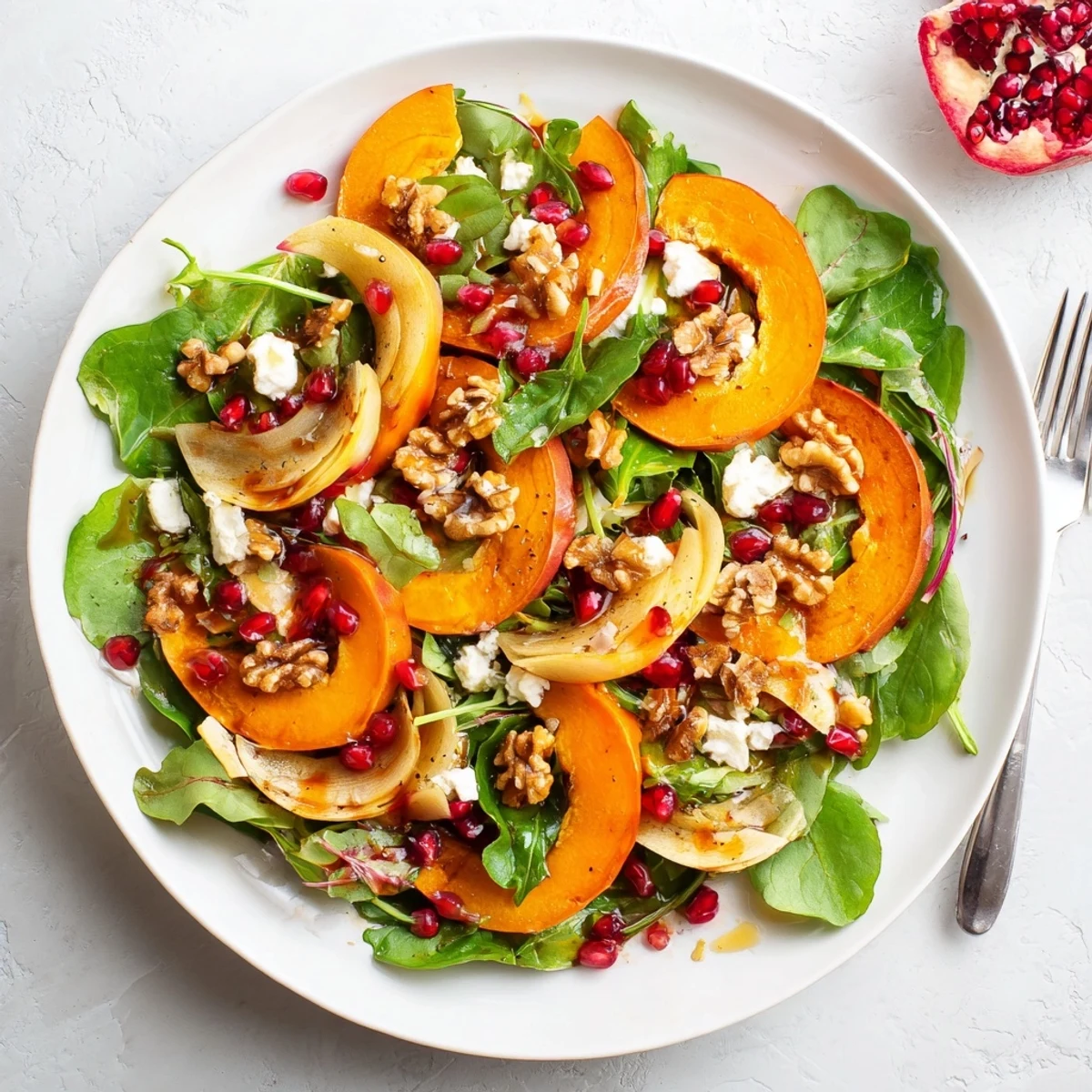 Colorful bowl of persimmon salad with apple cider vinaigrette, fennel, greens, and crunchy walnuts