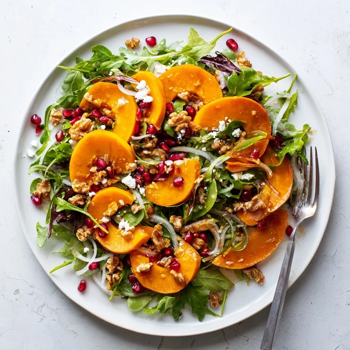 Vibrant fall salad featuring sliced persimmons, pomegranate seeds, and tangy apple cider vinaigrette dressing