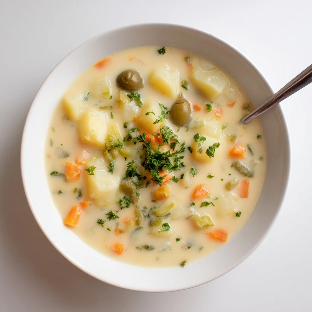 Creamy green olive soup topped with fresh parsley in a rustic bowl