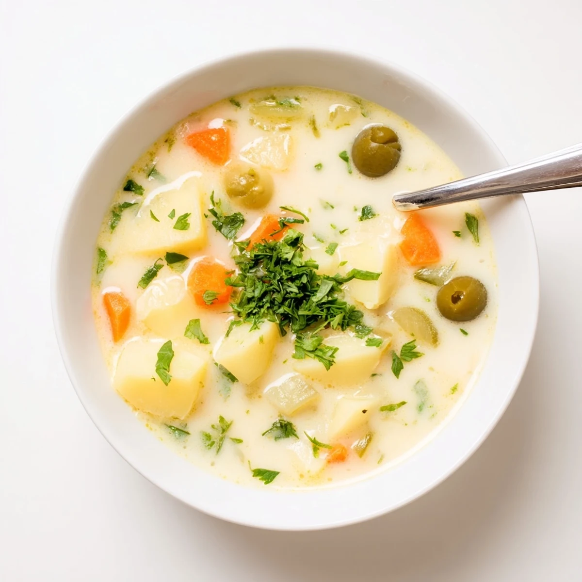 Mediterranean green olive soup with chunky potatoes and vibrant green olive slices