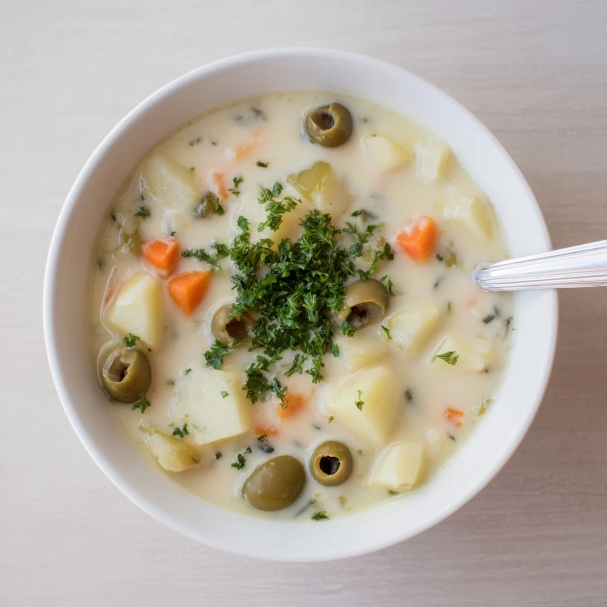 Steaming bowl of green olive soup garnished with herbs and lemon wedges