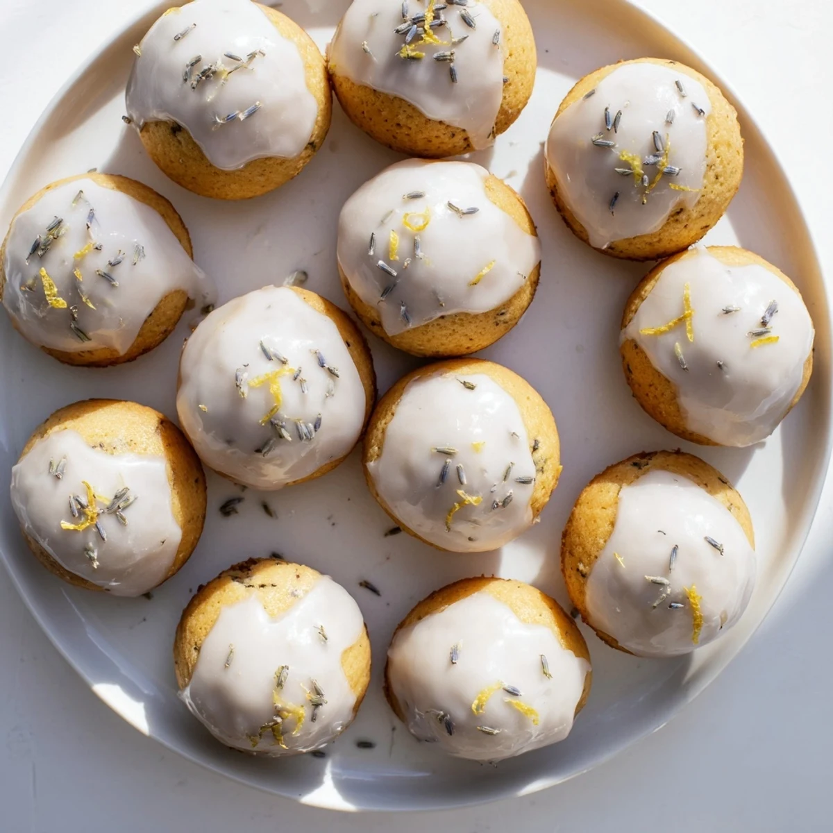 Moist lemon bites topped with purple-speckled lavender icing arranged for afternoon tea service
