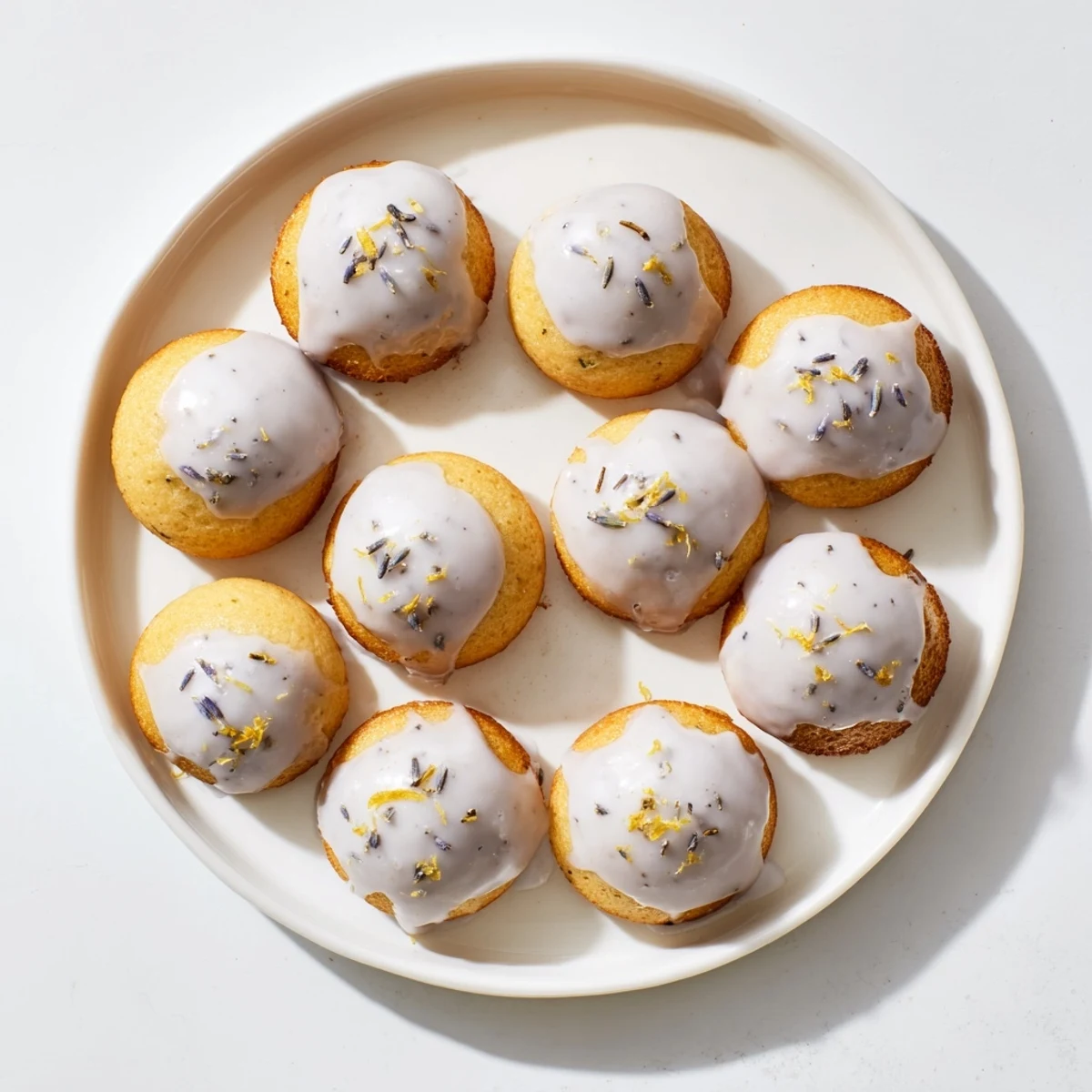 Small glazed lemon cakes with delicate lavender flavor cooling on a wire rack