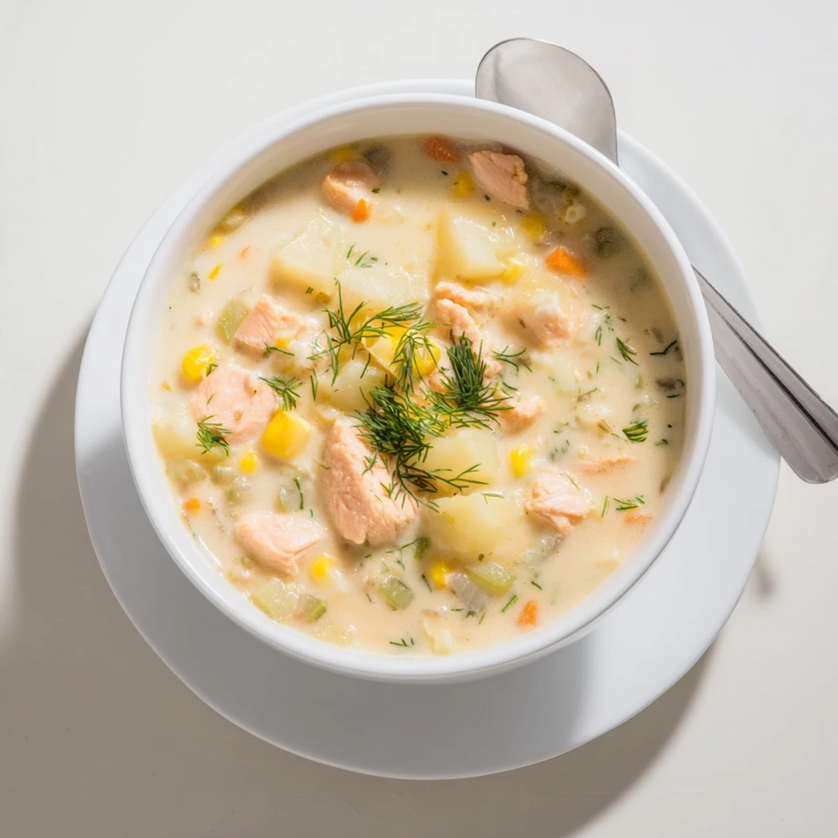 Steaming bowl of smoked salmon chowder featuring flaky fish pieces in rich, velvety broth
